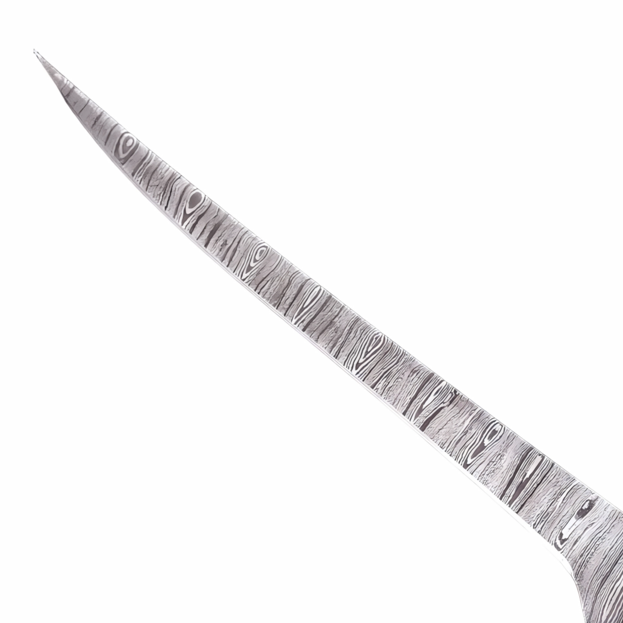 Damascus steel fillet knife flexible blade close up featuring fine pattern isolated on white background KL-KN-OD-008