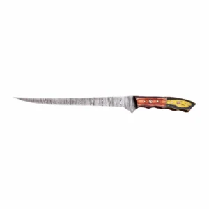 Damascus steel fillet knife with colorful pakkawood handle isolated on white background KL-KN-OD-008