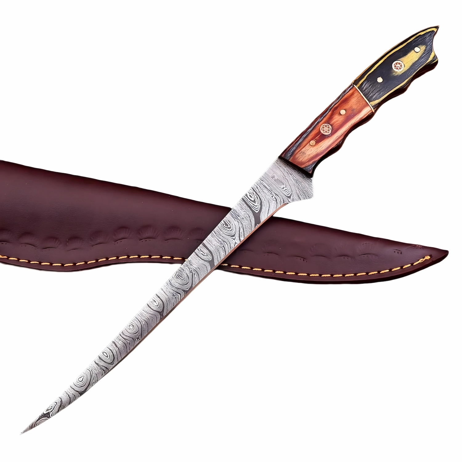 Damascus steel fillet knife with leather sheath isolated on white background KL-KN-OD-008