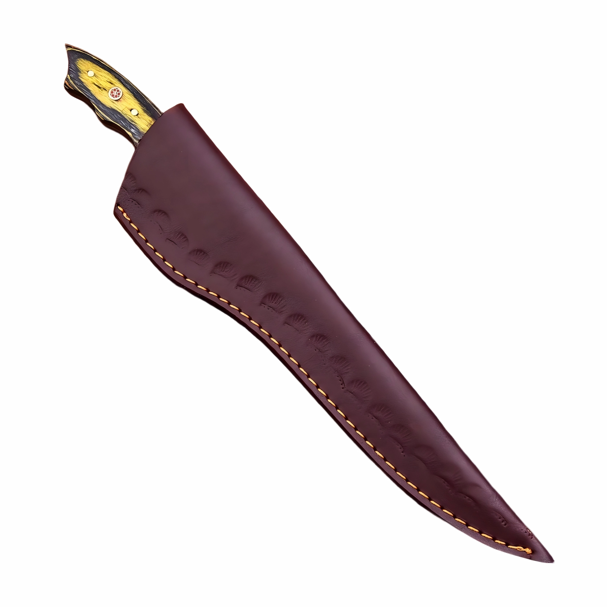 Damascus steel fillet knife fully sheathed in custom brown leather cover isolated on white background KL-KN-OD-008
