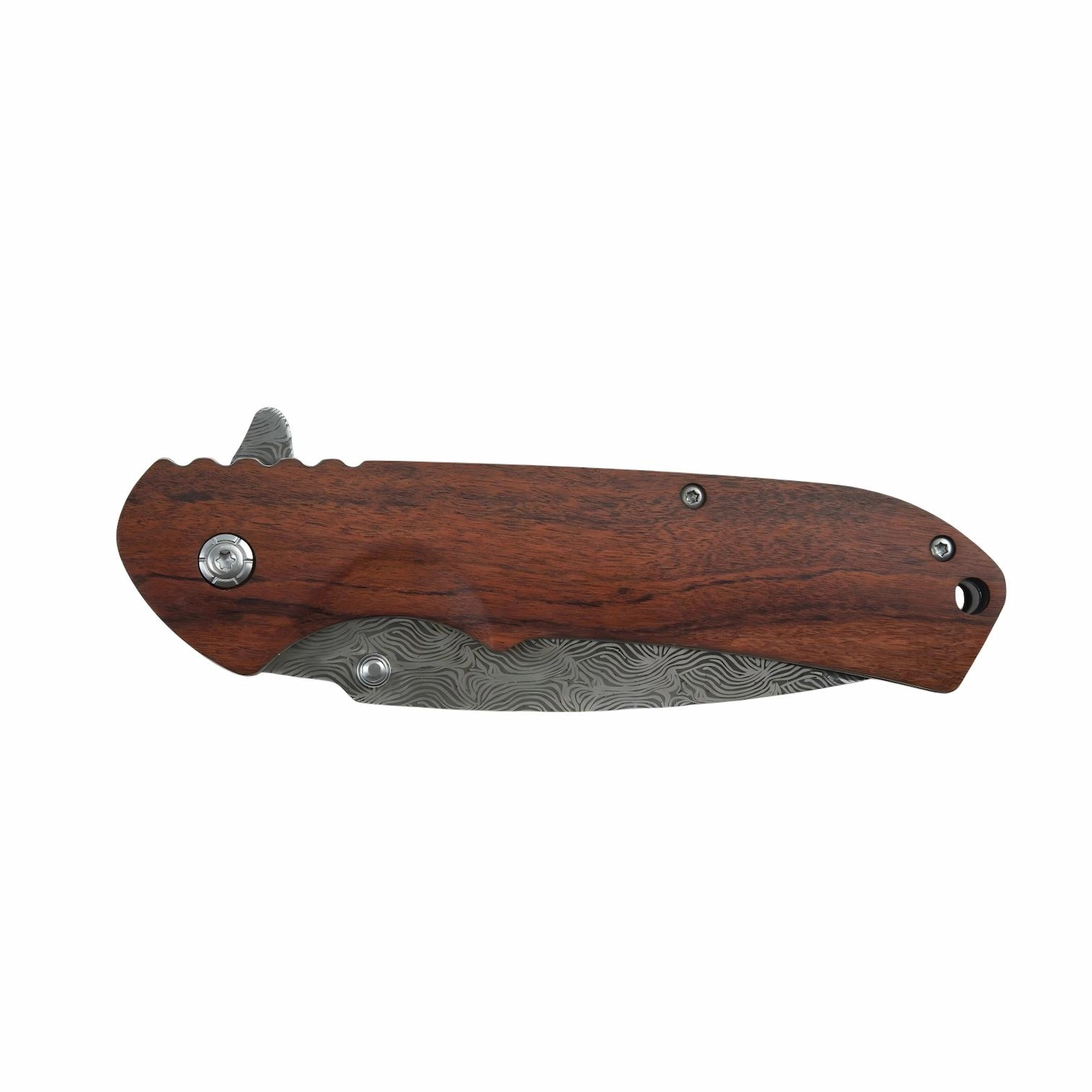Closed Damascus steel folding pocket knife with rosewood handle, isolated on white background. KL-OD-SS-010