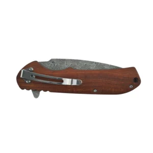 Closed Damascus steel folding pocket knife showing its stainless steel belt clip, isolated on white background. KL-OD-SS-010