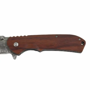 Close-up of a folding pocket knife with a reddish-brown rosewood handle, isolated on white background. KL-OD-SS-010
