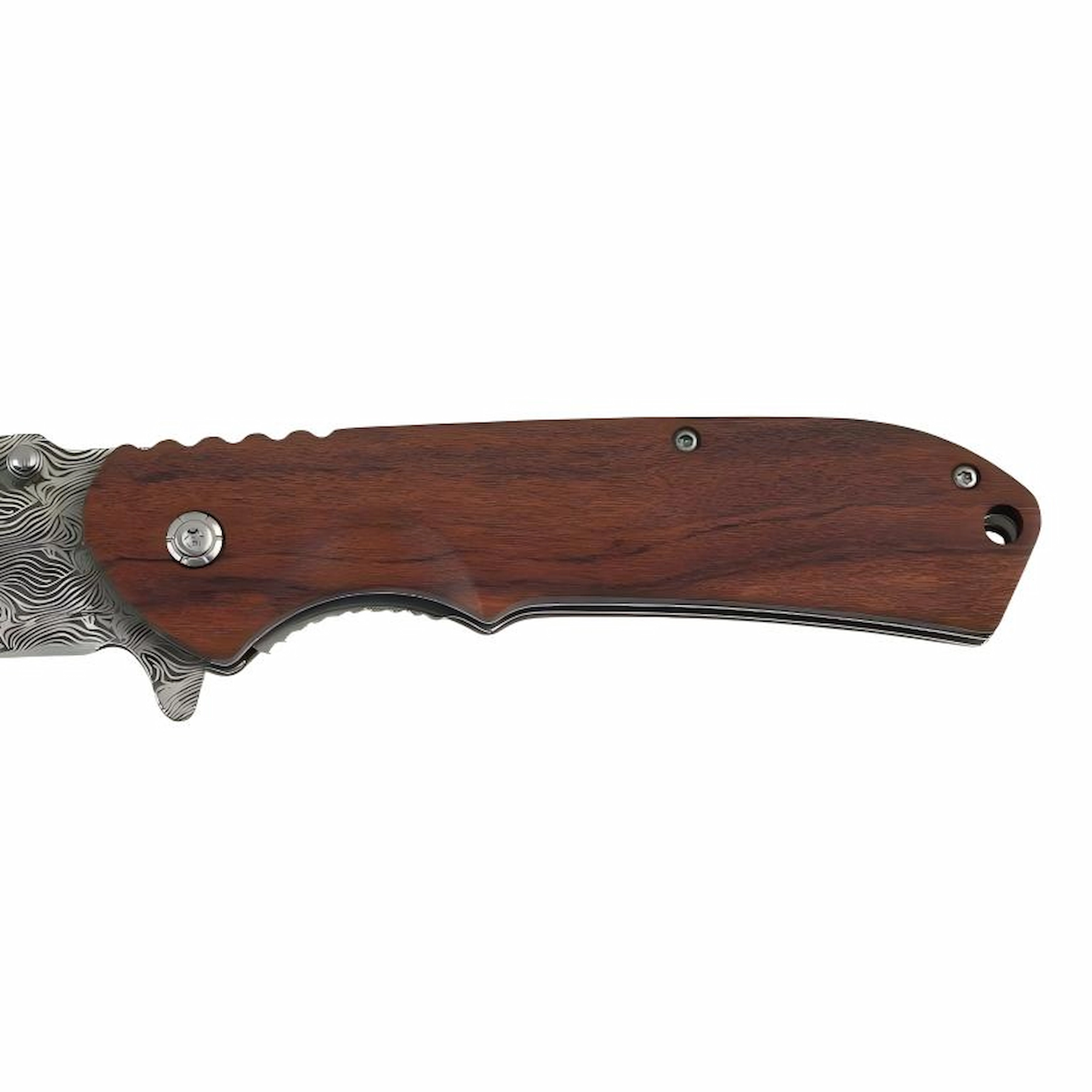 Close-up of a folding pocket knife with a reddish-brown rosewood handle, isolated on white background. KL-OD-SS-010