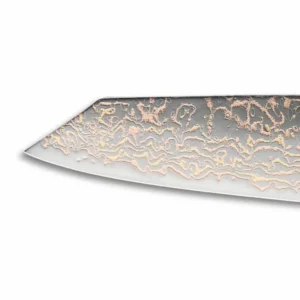 Copper acid etched Damascus steel kiritsuke chef knife blade close up isolated on white background KL-KK-CS-029