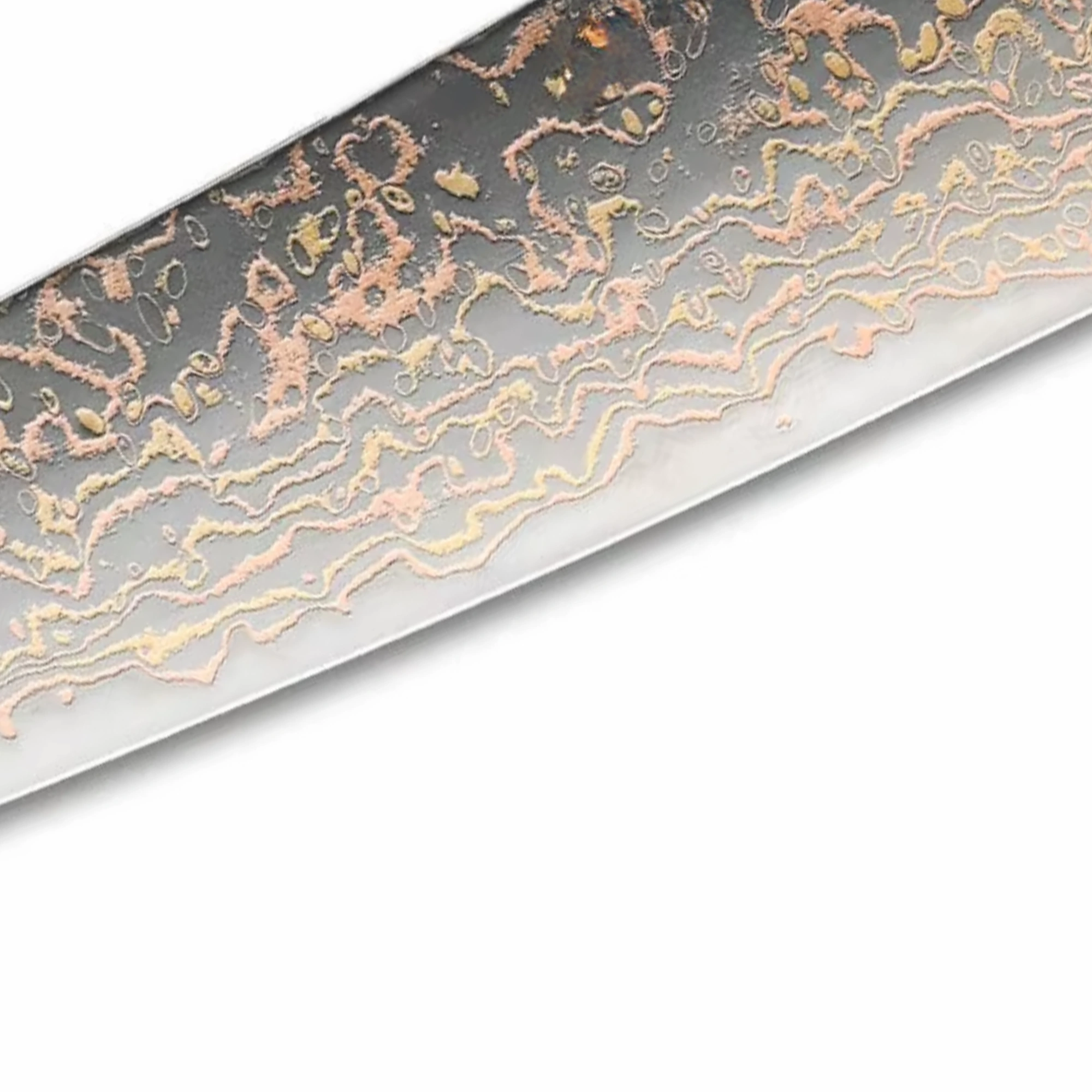 Copper and gold acid etched Damascus steel kiritsuke chef knife blade detail isolated on white background KL-KK-CS-029