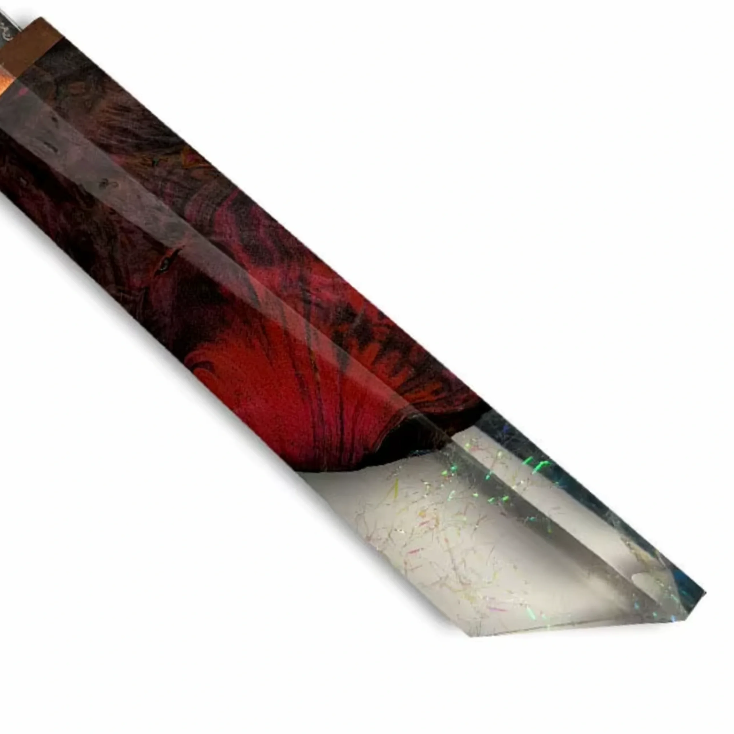 Crimson stabilized resin burl handle with translucent acrylic butt cap isolated on white background KL-KK-CS-029