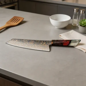 Copper acid etched Damascus kiritsuke chef knife with red resin burl handle in kitchen environment KL-KK-CS-029