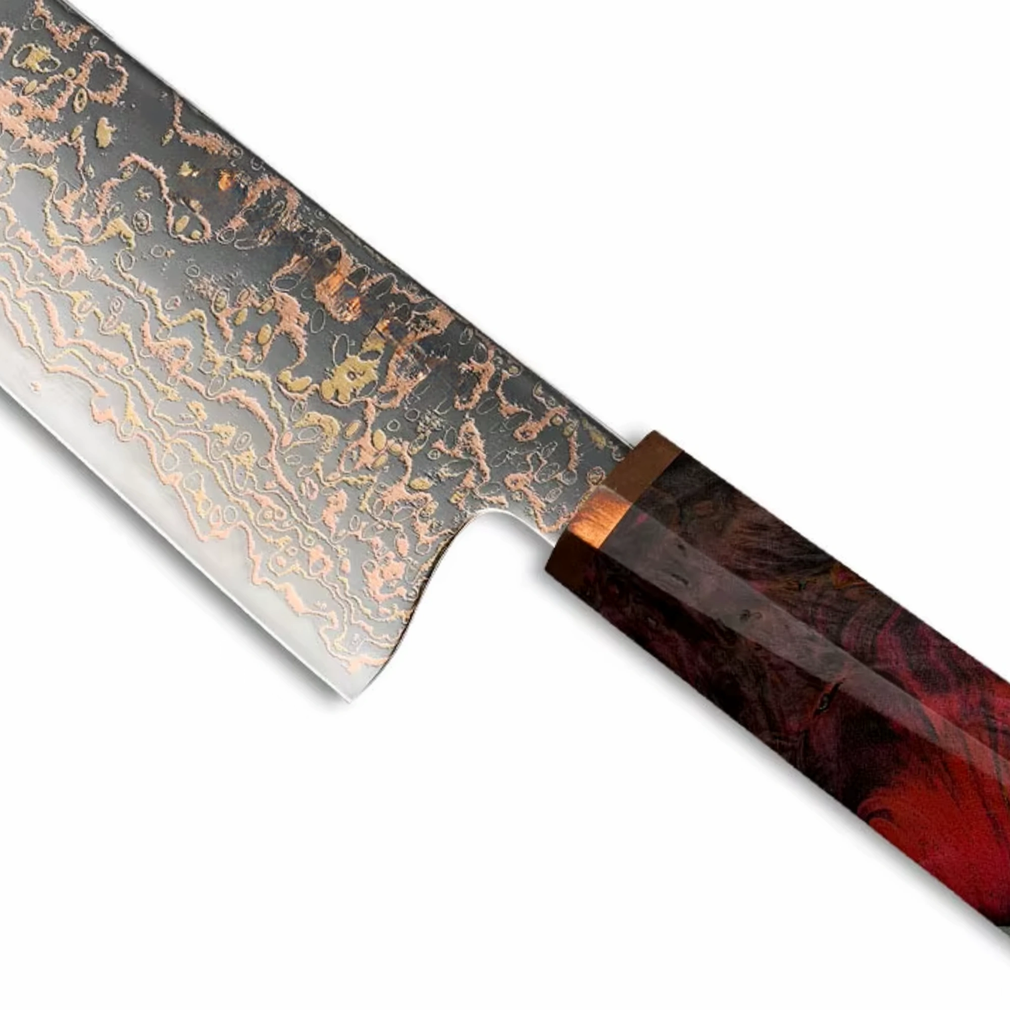 Crimson stabilized resin burl handle and copper etched blade close up on Damascus kiritsuke knife isolated on white background KL-KK-CS-029