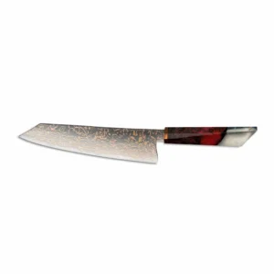 Damascus steel kiritsuke chef knife with crimson stabilized resin burl handle isolated on white background KL-KK-CS-029