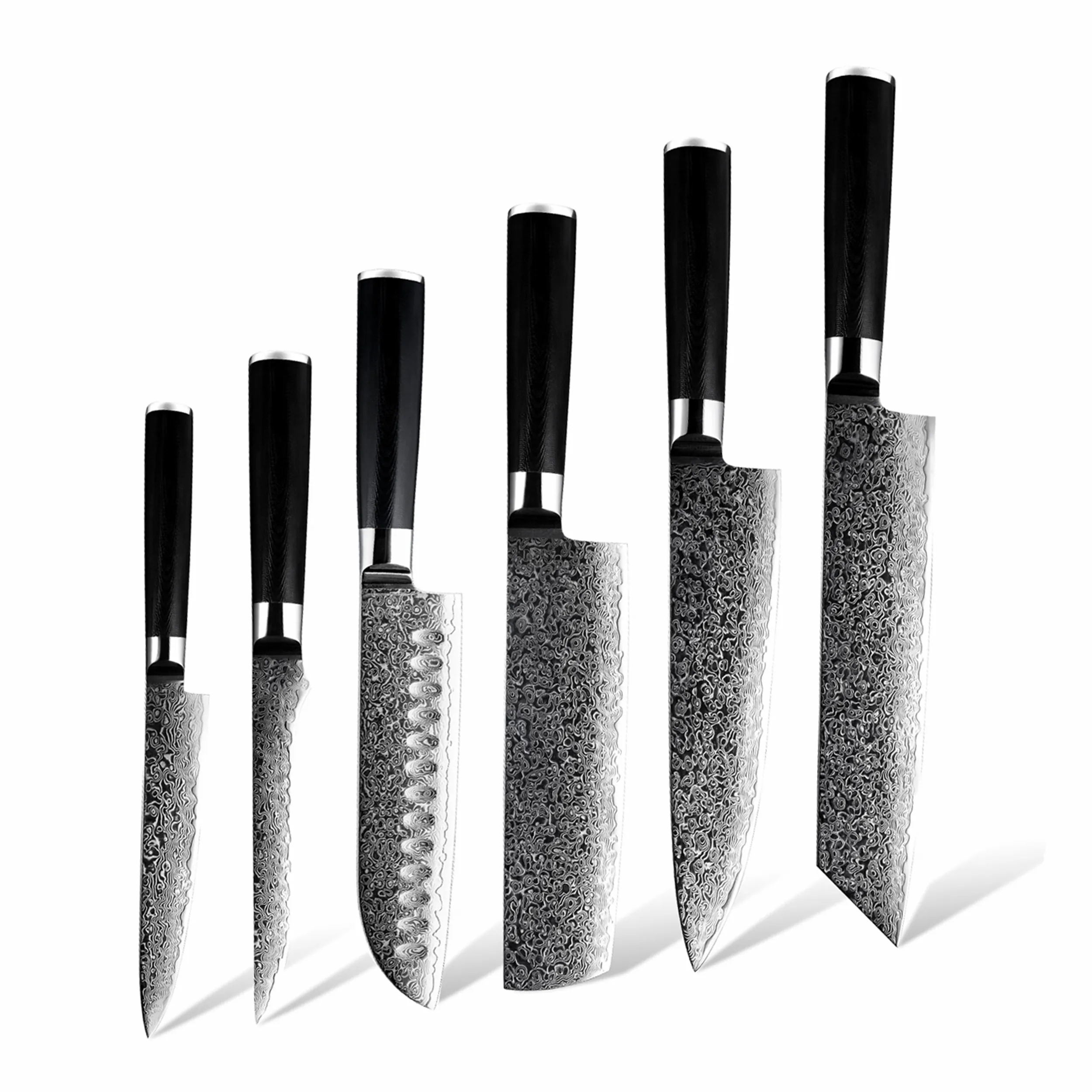 6-piece Damascus steel kitchen knife set with black handles isolated on white background. SKU: KK-DS-006