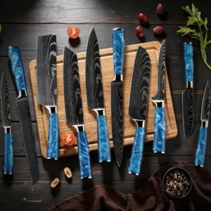 Damascus pattern 10 piece kitchen knife set displayed on wooden tabletop KL-KK-DS-001