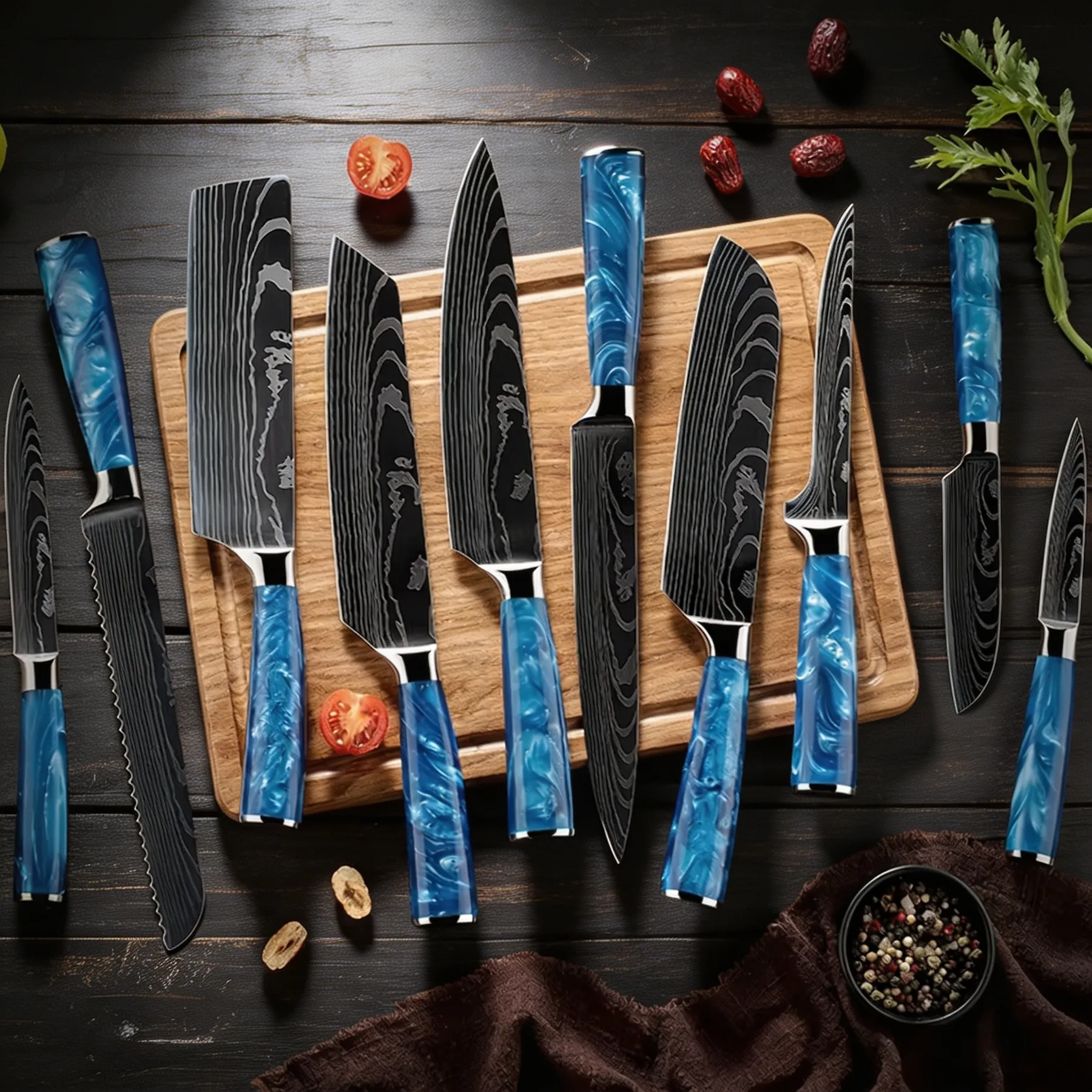 Damascus pattern 10 piece kitchen knife set displayed on wooden tabletop KL-KK-DS-001