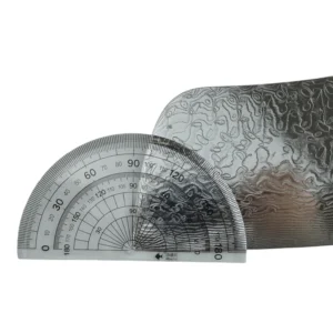 Damascus steel meat cleaver blade being measured with a clear protractor tool, isolated on white background. KL-KN-DS-004