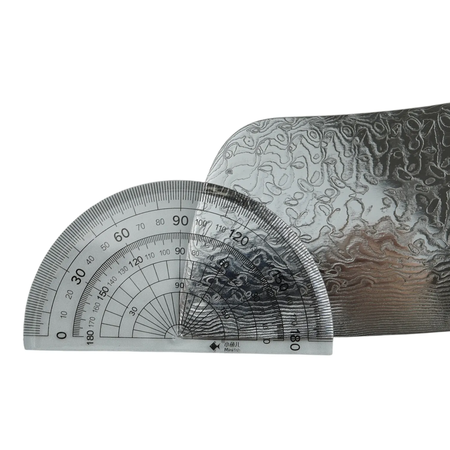 Damascus steel meat cleaver blade being measured with a clear protractor tool, isolated on white background. KL-KN-DS-004