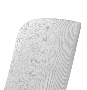 Close-up of Damascus steel pattern meat cleaver blade showing wavy layering texture, isolated on white background. KL-KN-DS-004