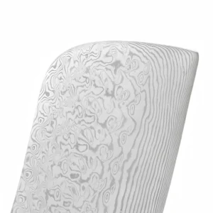Close-up of Damascus steel pattern meat cleaver blade showing wavy layering texture, isolated on white background. KL-KN-DS-004