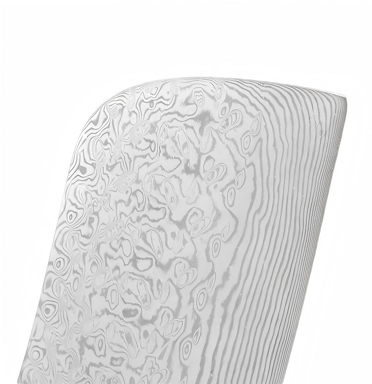 Close-up of Damascus steel pattern meat cleaver blade showing wavy layering texture, isolated on white background. KL-KN-DS-004