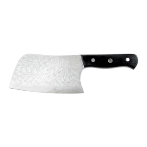 Damascus steel pattern meat cleaver knife with black pakkawood handle, isolated on white background. KL-KN-DS-004