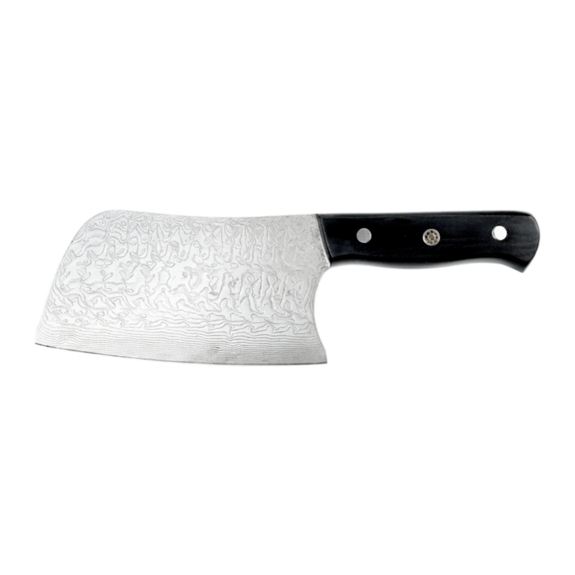 Damascus steel pattern meat cleaver knife with black pakkawood handle, isolated on white background. KL-KN-DS-004