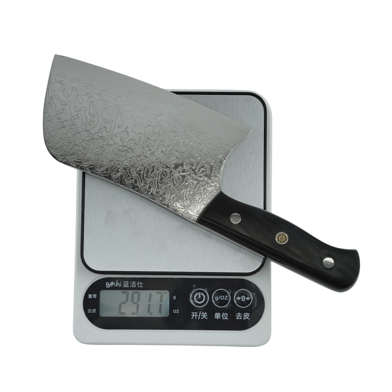 Close-up of Damascus steel meat cleaver highlighting seamless welding technology on a wooden bolster background. KL-KN-DS-004