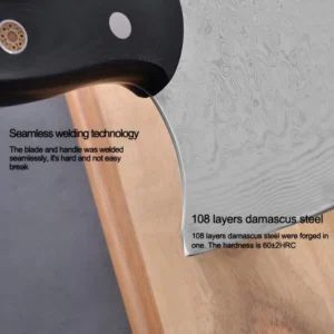 Damascus steel meat cleaver on an electronic digital scale showing weight measurement, isolated on white background. KL-KN-DS-004