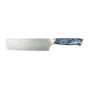 Damascus nakiri vegetable knife with an iridescent abalone shell handle, isolated on white background. KL-KN-DS-001-01