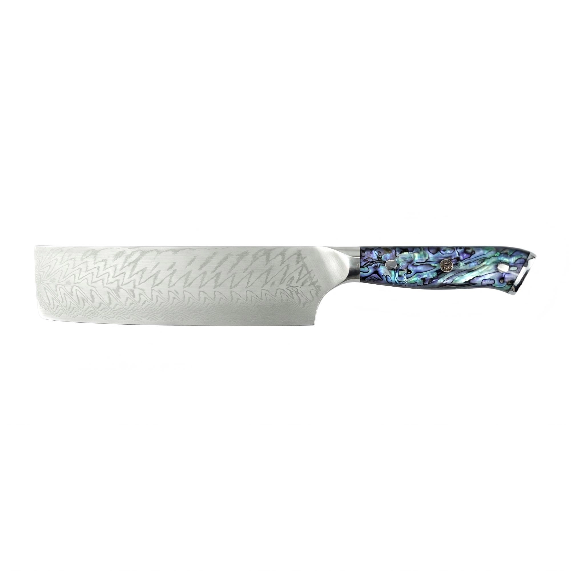 Damascus nakiri vegetable knife with an iridescent abalone shell handle, isolated on white background. KL-KN-DS-001-01