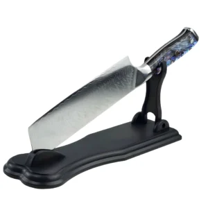 Damascus nakiri knife with an abalone handle on a display stand, isolated on white background. KL-KN-DS-001-03