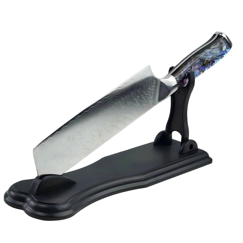 Damascus nakiri knife with an abalone handle on a display stand, isolated on white background. KL-KN-DS-001-03