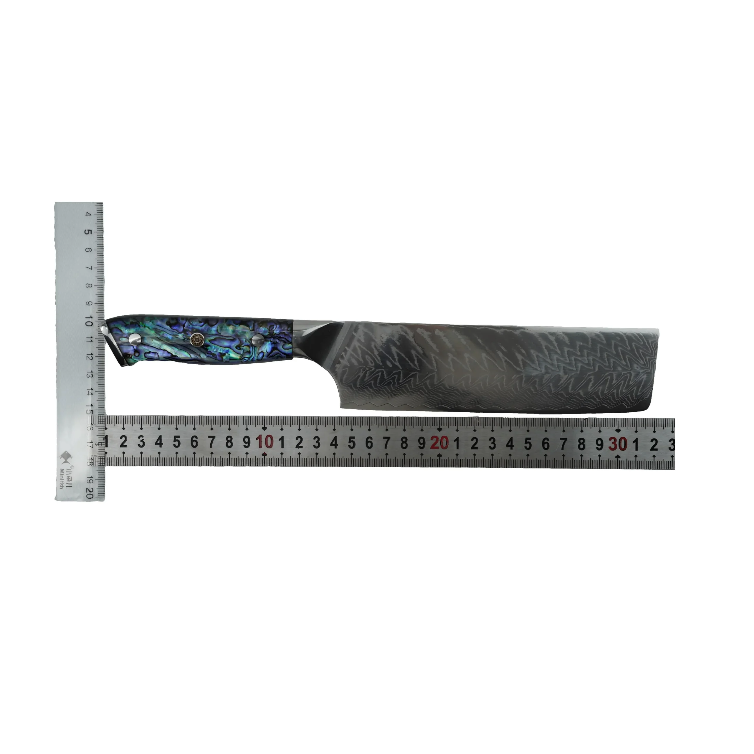 Damascus nakiri knife size measurement with rulers, isolated on white background. KL-KN-DS-001