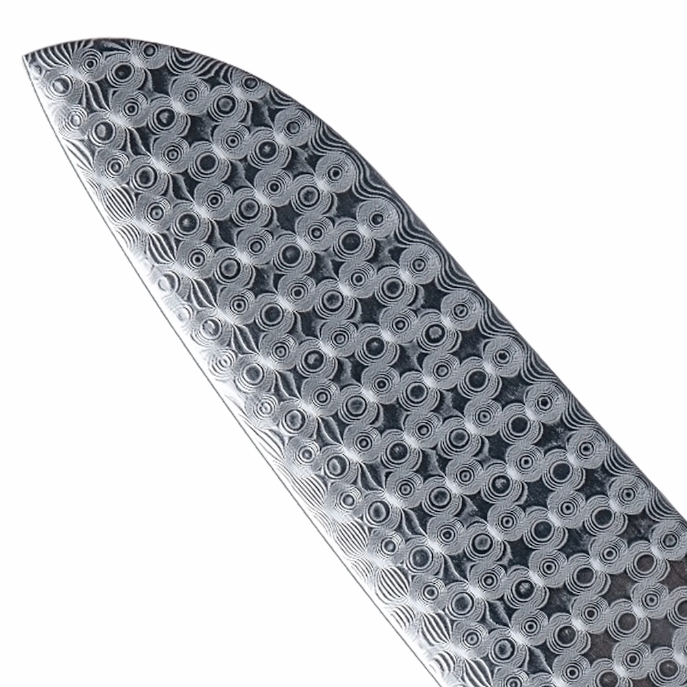 Damascus steel santoku knife blade close up featuring textured pattern isolated on white background KL-KK-CS-028