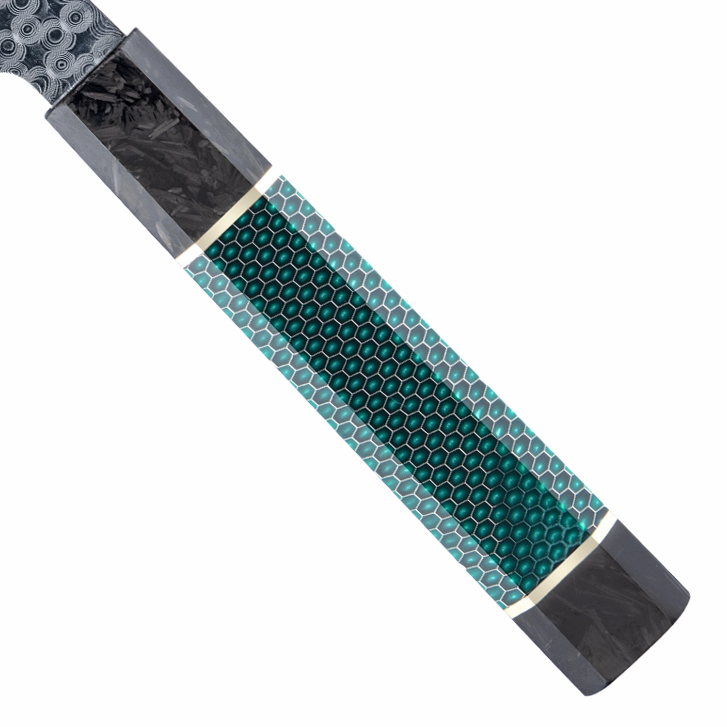 Octagonal carbon fiber honeycomb resin handle close up on Damascus santoku knife isolated on white background KL-KK-CS-028