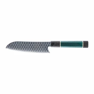 Damascus steel santoku knife with teal carbon fiber honeycomb handle isolated on white background KL-KK-CS-028