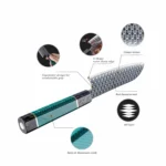 Damascus steel santoku knife infographic showing 110 layers and resin aluminum comb handle KL-KK-CS-028
