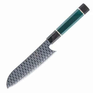 Damascus santoku knife with teal honeycomb carbon fiber handle in 45 degree angle isolated on white background KL-KK-CS-028