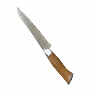 A 45 degree view of Damascus serrated bread knife with olive wood handle isolated on white background KL-KN-DS-022