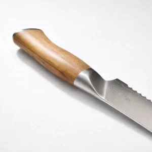 Close up of olive wood handle with polished stainless steel bolster on bread knife isolated on white background KL-KN-DS-022