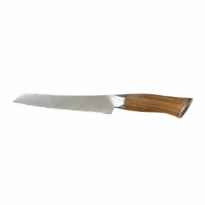 Damascus serrated bread knife with olive wood handle isolated on white background KL-KN-DS-022
