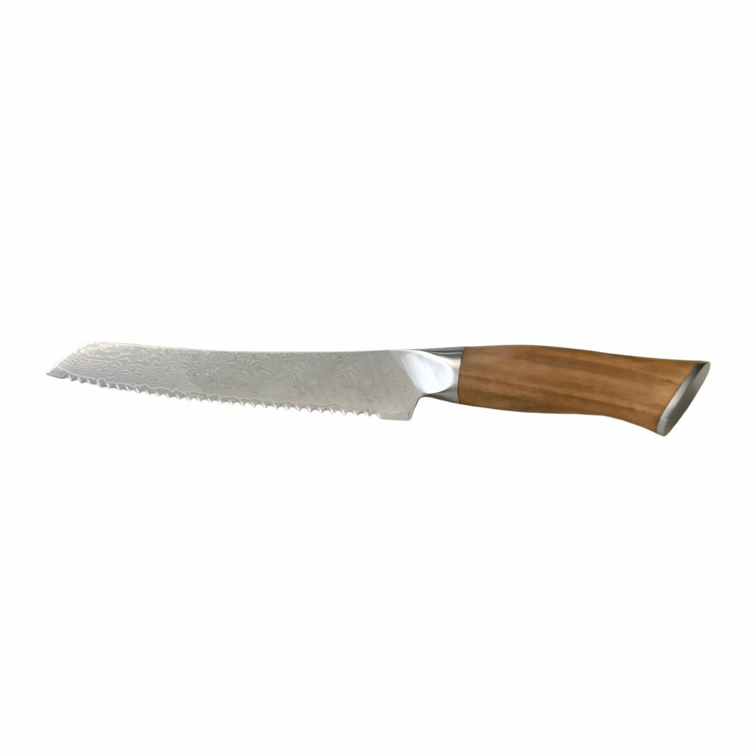Damascus serrated bread knife with olive wood handle isolated on white background KL-KN-DS-022