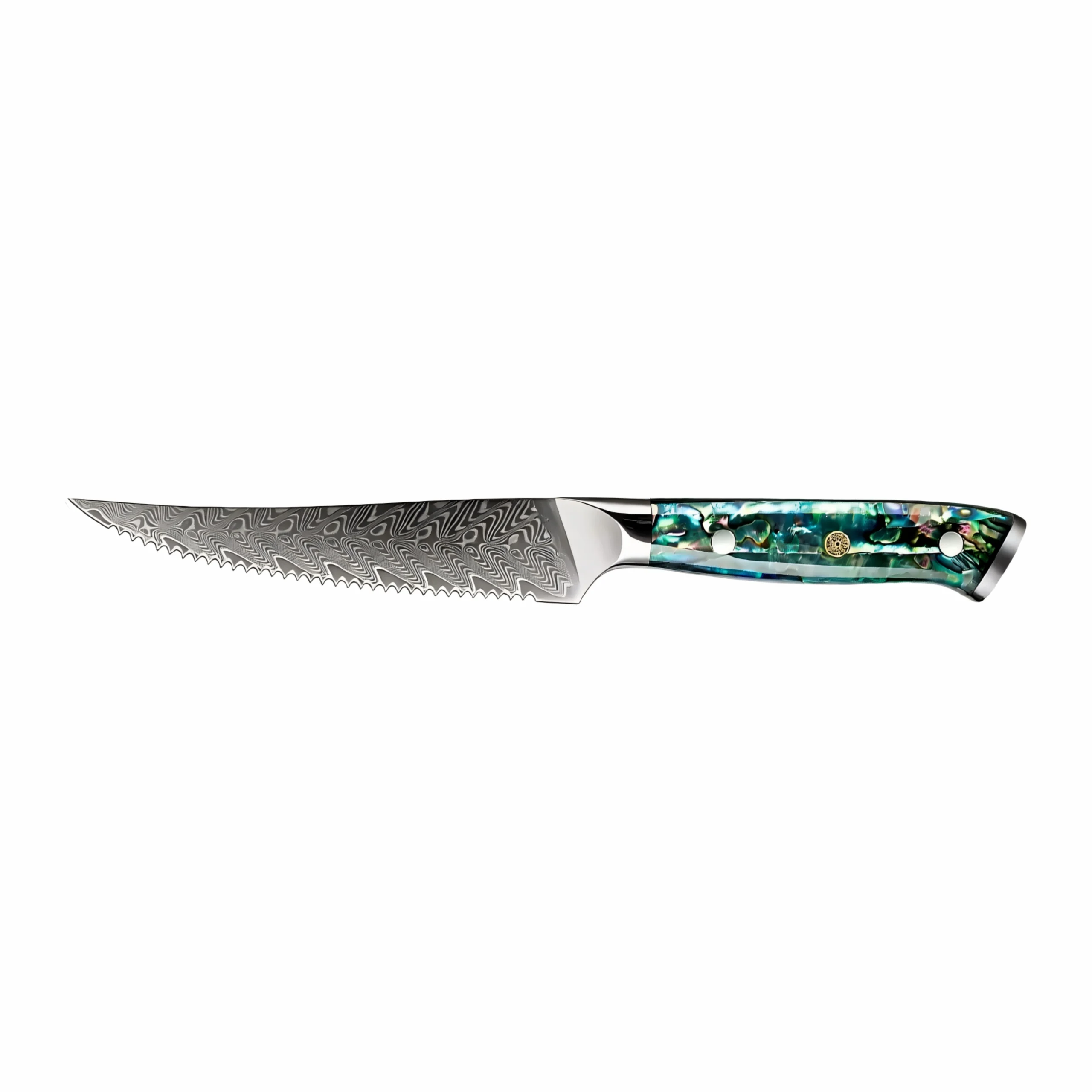 Serrated Damascus steel steak knife with iridescent abalone shell handle isolated on white background KL-KN-OS-003