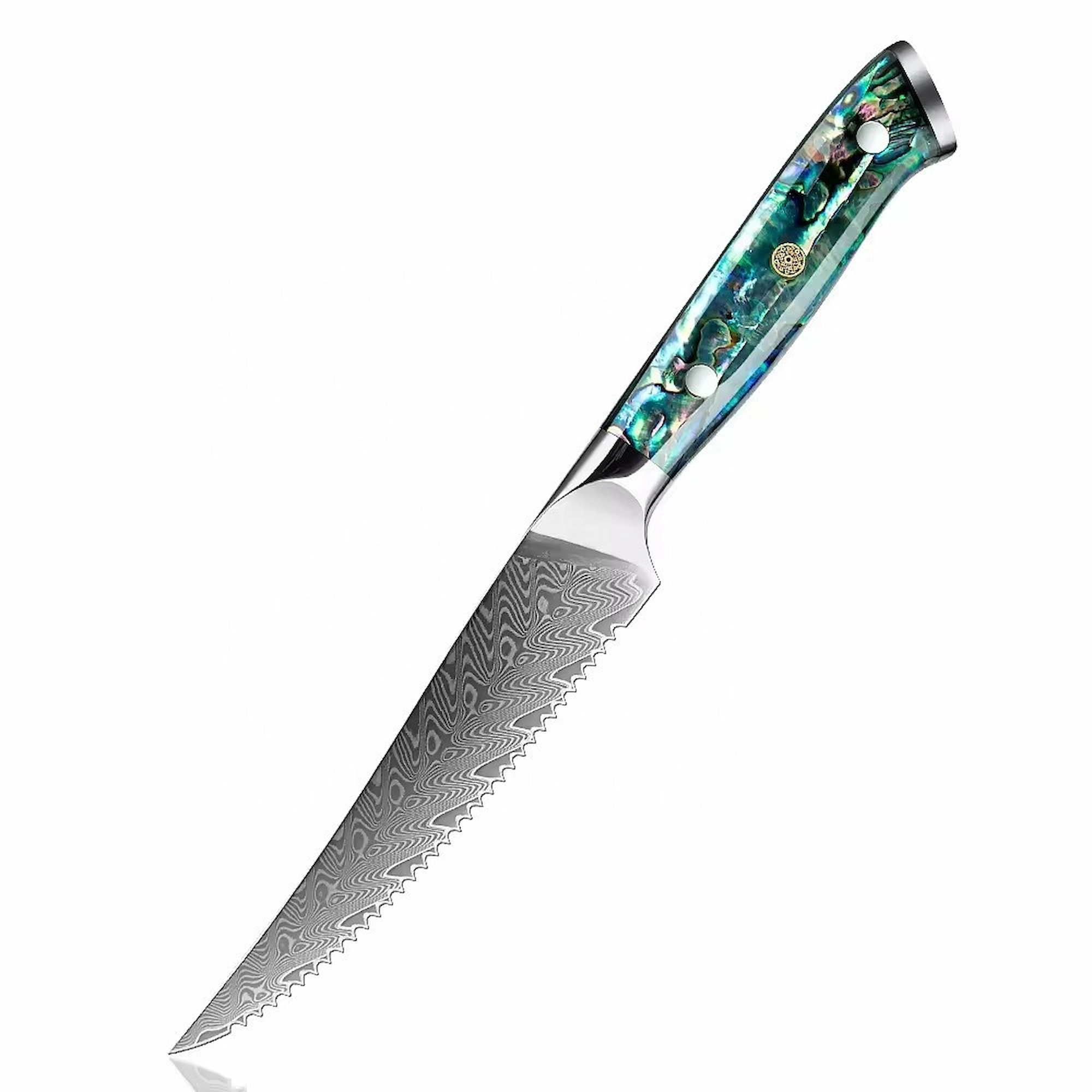Damascus serrated steak knife with colorful abalone shell handle side-view isolated on white background KL-KN-OS-003