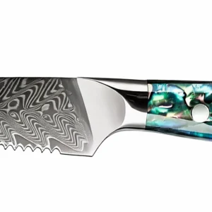 Close-up of iridescent abalone shell handle with bolster on Damascus steak knife isolated on white background KL-KN-OS-003