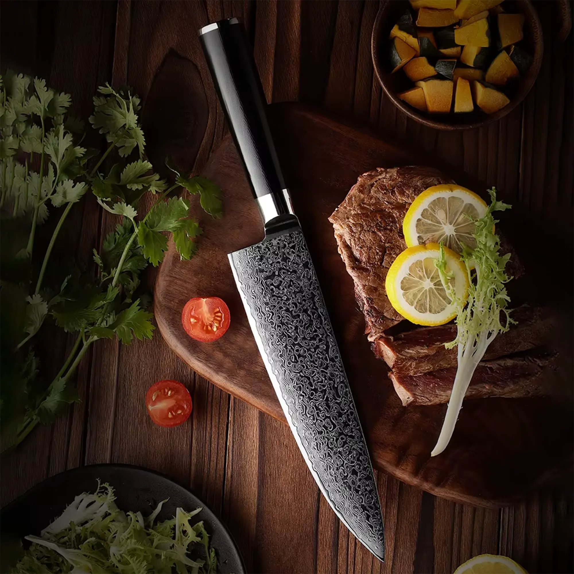 Damascus steel chef knife with black handle displayed on wooden tabletop with steak. SKU: KK-DS-006
