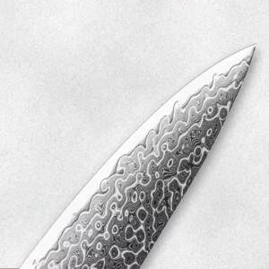 Detailed Damascus steel chef knife blade showcasing wavy ripple pattern isolated on white background. SKU: KL-KA-DS-003