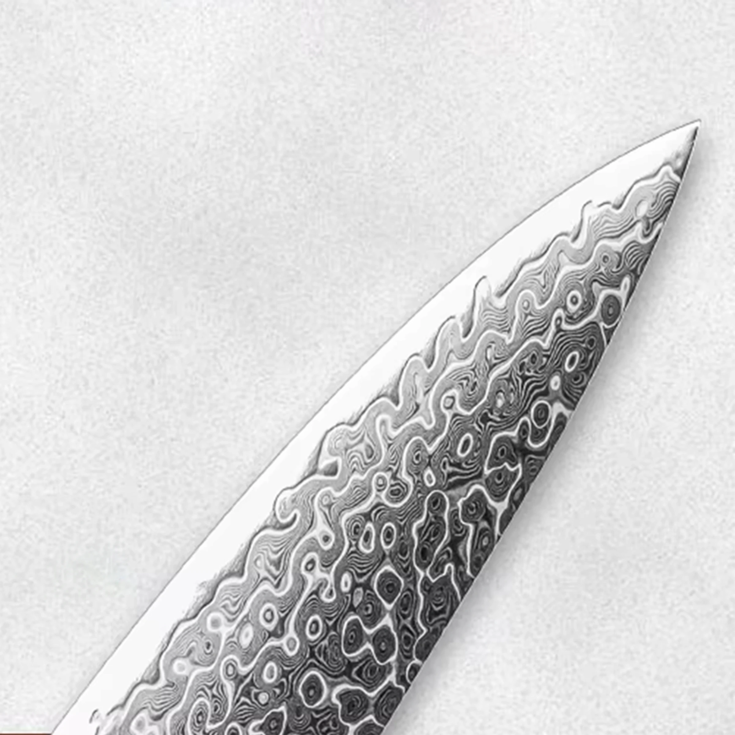 Detailed Damascus steel chef knife blade showcasing wavy ripple pattern isolated on white background. SKU: KL-KA-DS-003