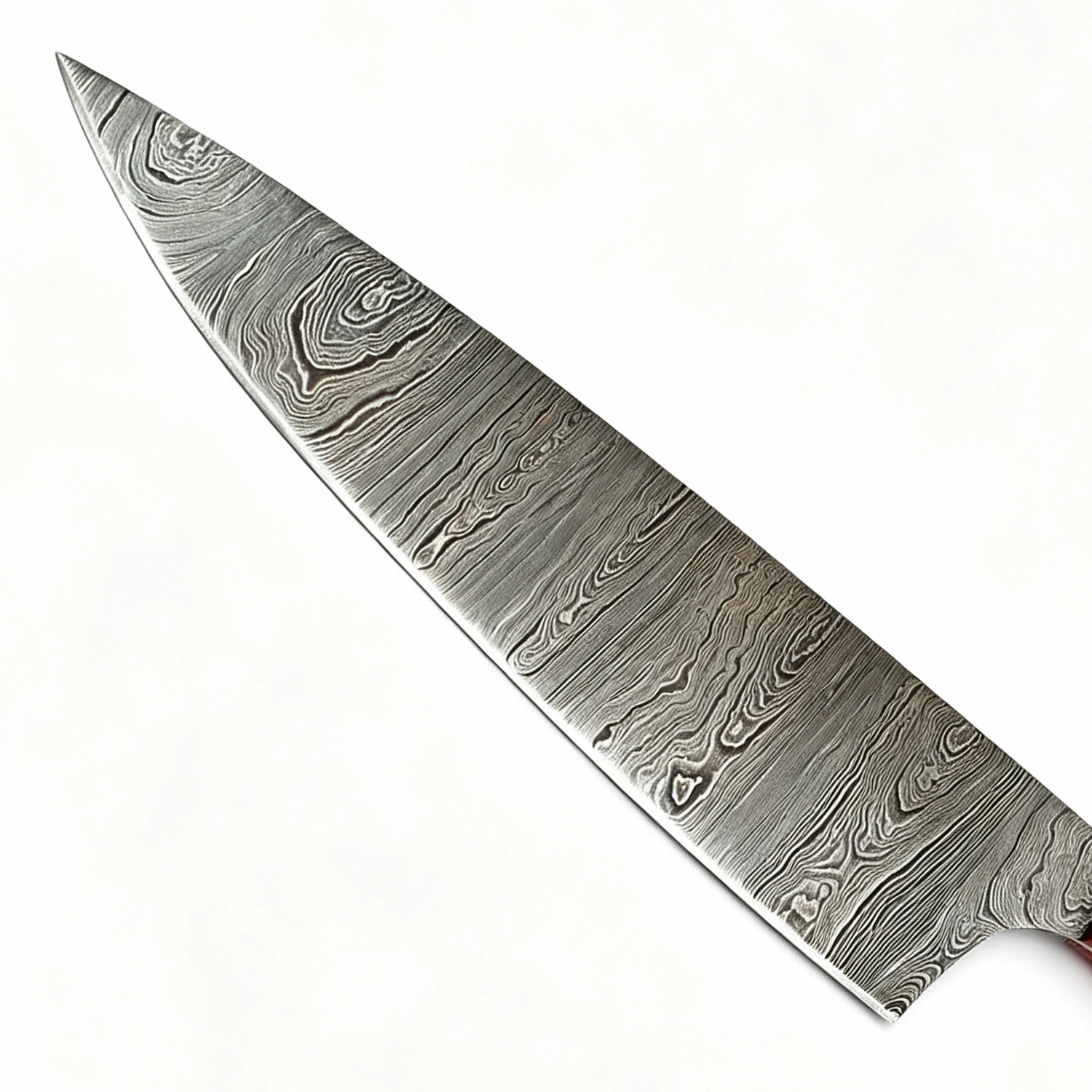 Detail of Damascus steel chef knife blade with folded pattern isolated on white background KL-KK-DS-002
