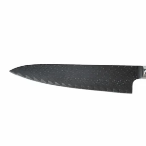 Damascus Steel Chef Knife - Blade Detail | KaiLionCrafts Detailed close-up of Damascus steel chef knife blade isolated on white background KL-KN-HC-001