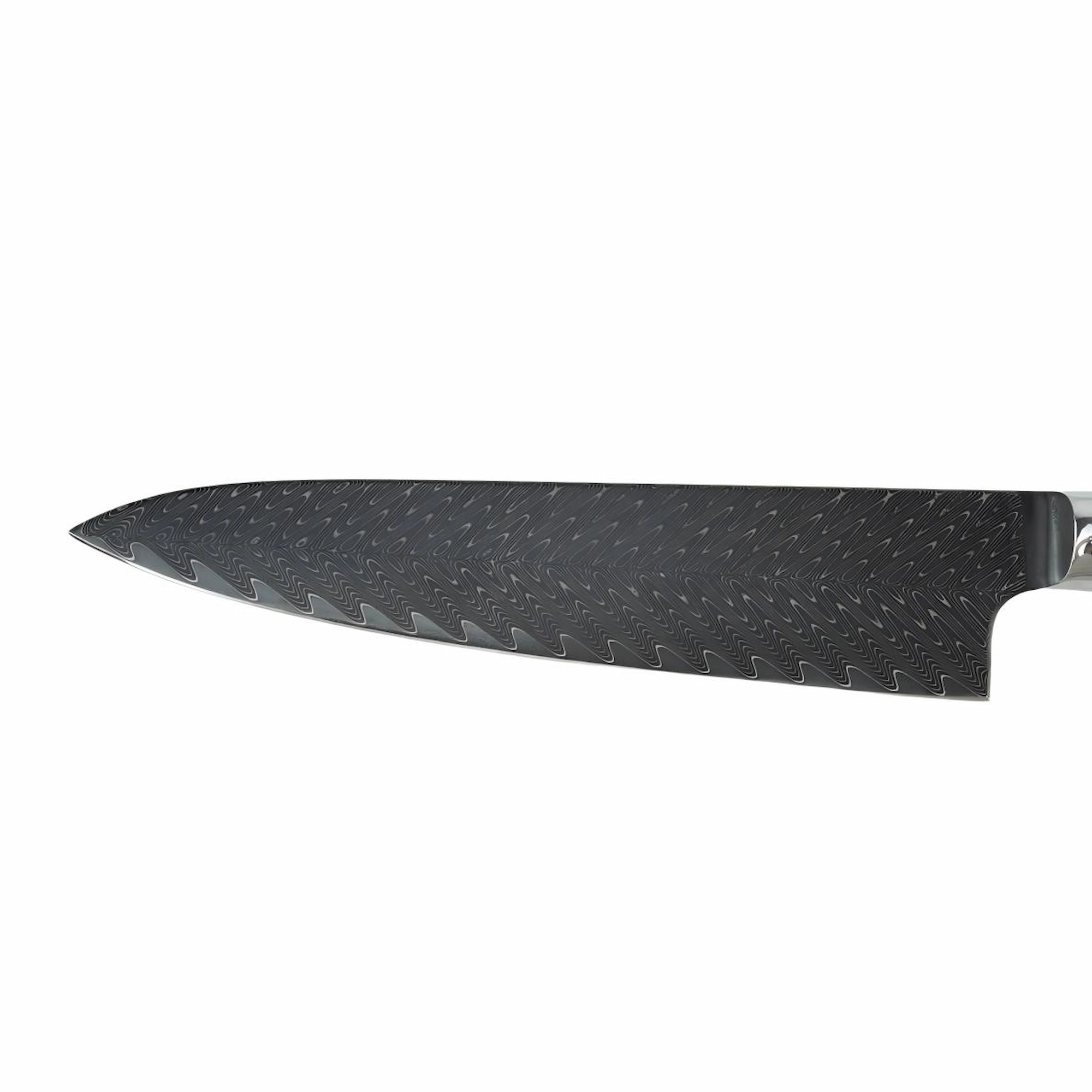 Damascus Steel Chef Knife - Blade Detail | KaiLionCrafts Detailed close-up of Damascus steel chef knife blade isolated on white background KL-KN-HC-001