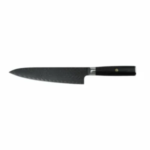 Damascus Steel Chef Knife - Front View | KaiLionCrafts Damascus steel chef knife with ebony handle isolated on white background KL-KN-HC-001